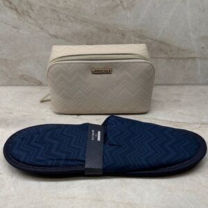 🆕 Missoni Cream Chevron Travel Toiletry Bag filled w/ goodies AND Navy Slippers